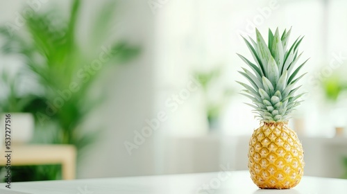 Ripe pineapple on white table in bright interior setting