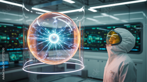 A scientist in a hazmat suit observes a plasma ball in a futuristic laboratory environment setting