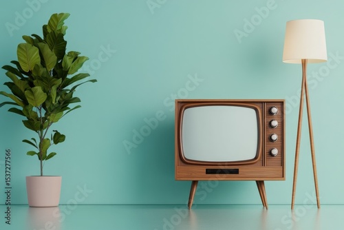 Retro television minimalist home decor with plant and lamp