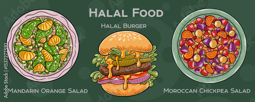Popular Halal Cuisine Set. Hand-drawn vector illustration on a dark background.