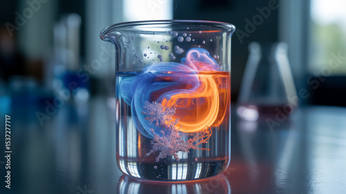 Beaker containing blue and orange swirling liquid in a laboratory setting with other glassware