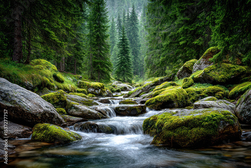 A gentle stream winds through a forest, with tall trees and mossy rocks creating a serene atmosphere