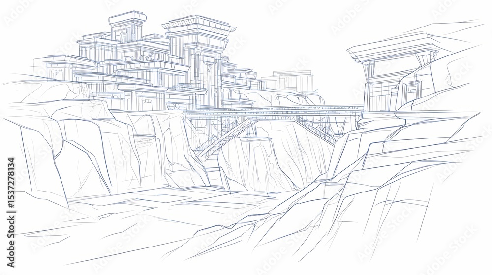 Fototapeta premium Architectural sketch of a city nestled in a rocky canyon.