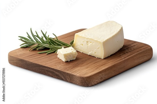 Soft cheese on wooden board with rosemary sprig