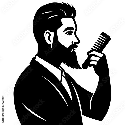 Barber brushing beard with comb in hand