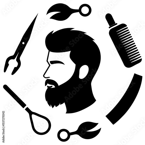 Bearded man with haircut and barber silhouette tools