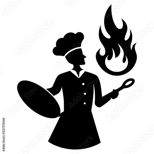 Chef silhouette cooking with a frying pan and visible flames