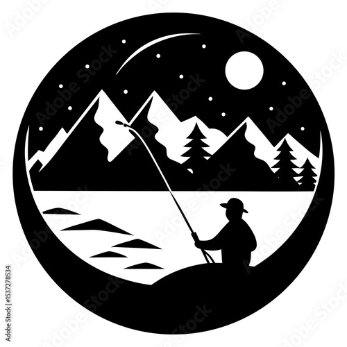 Fisher and mountain lake landscape silhouette