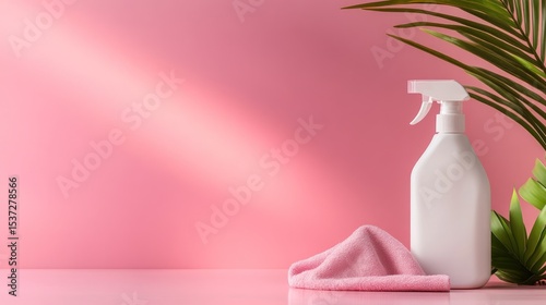 White spray bottle pink cleaning cloth minimalist product shot