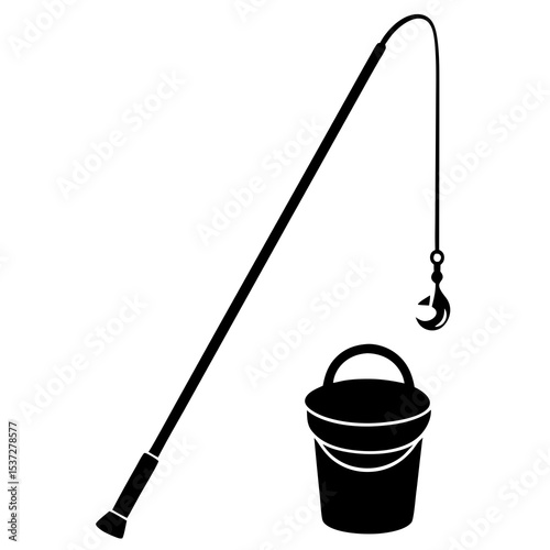 Fishing pole and bucket silhouette set