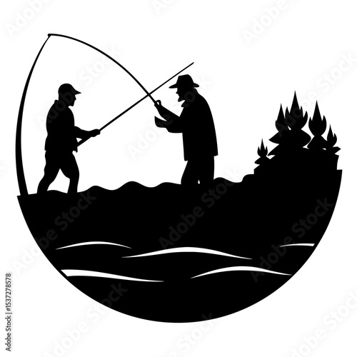 Fishing competition scene silhouette
