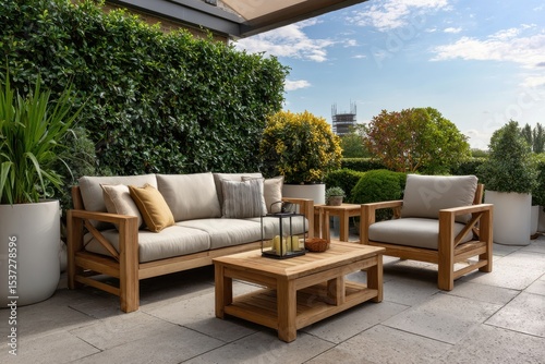 Modern teak patio furniture set on rooftop terrace