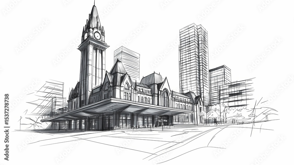 Fototapeta premium Urban architectural sketch of a train station and surrounding buildings.