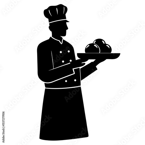 Silhouette of baker chef holding a tray of bread or croissants