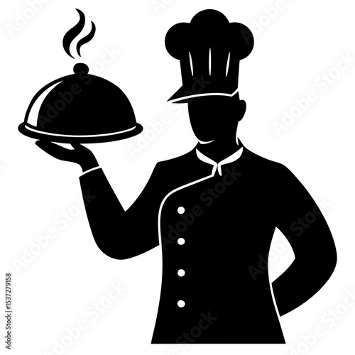 Silhouette of chef holding a steaming dish with chef hat