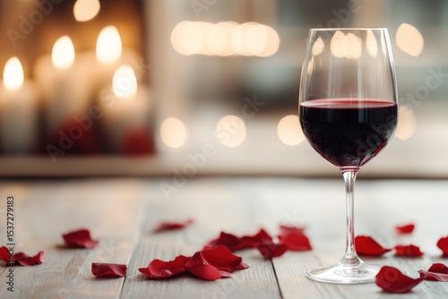 Romantic red wine with rose petals