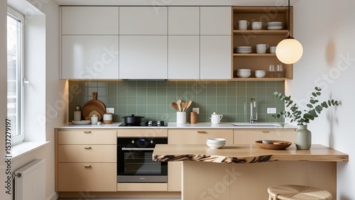 Studio kitchenette design with light wood cabinets, wooden countertop, green tiled backsplash. Concept of studio kitchenette design emphasizes minimalist and contemporary interior.