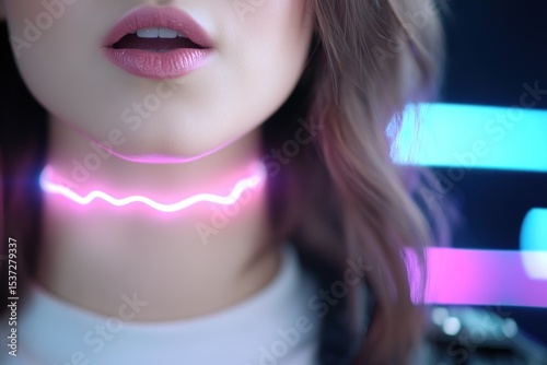 Woman neck closeup with glowing neon wave line technology futuristic digital art