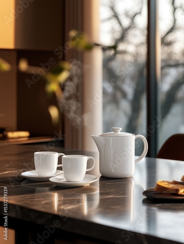 White tea cups teapot modern kitchen still life image
