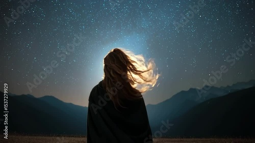 Pulling back from a woman standing alone under the stars in the Himalayas, her long hair gently blown by the wind as she faces the galaxy in silence. 