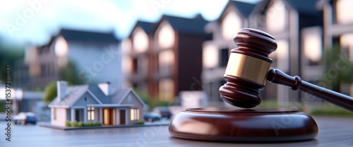Gavel and miniature houses real estate law and auction concept