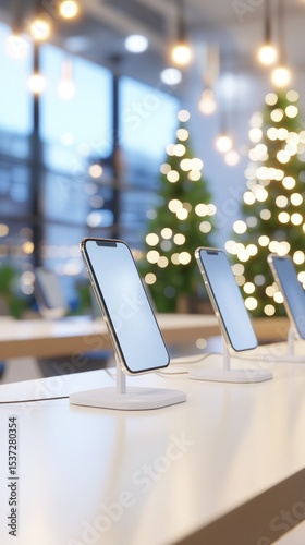 Smartphones on display stands during holidays retail technology presentation