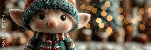 Cute elf doll wearing a cozy sweater with festive atmosphere and snowflakes during holiday season