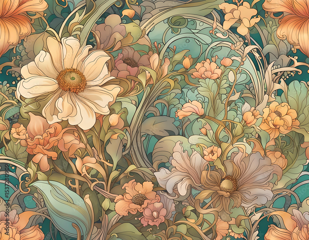 Fototapeta premium pastel muted shades pink green and lilac floral wild garden pattern morris style.