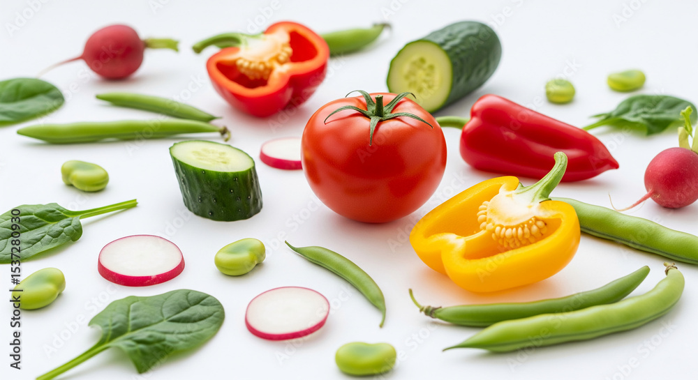 Naklejka premium Assortment of fresh vegetables: tomato, bell peppers, cucumber, radish, beans, spinach on white background, showcasing healthy eating concept