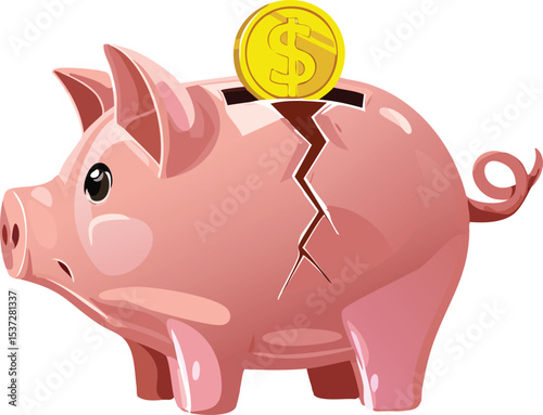 Piggy Bank with Cracked Coin Representing Broken Savings Concept