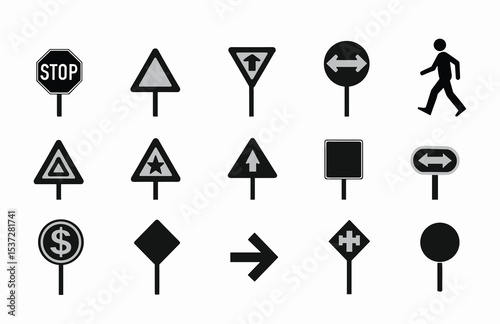 Set of Black Road Signs and Walking Pedestrian Icons on White Background