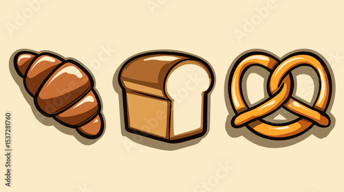 Variety of baked goods including a croissant, loaf of bread, and pretzel arranged together for a delightful display