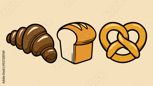Baked goods assortment featuring croissant, loaf of bread, and pretzel on a neutral background
