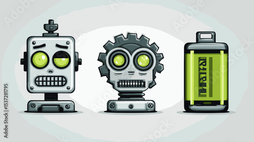 Robots and battery graphic depicting whimsical robotic characters in a playful design style