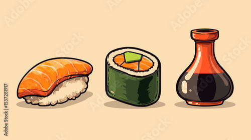 Colorful sushi platter with nigiri, maki rolls, and soy sauce presented against a simple background