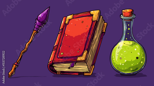 Colorful potion, ancient book, and magical spear displayed together on a purple background in a fantasy setting