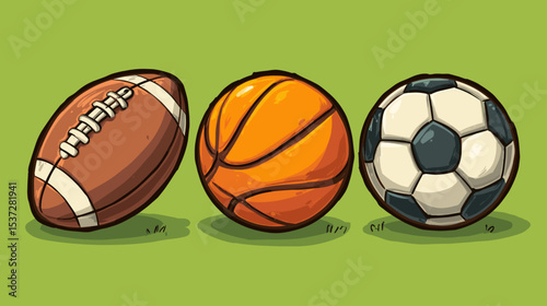 Three types of sports balls displayed on a grass-like background for athletic enthusiasts and fans
