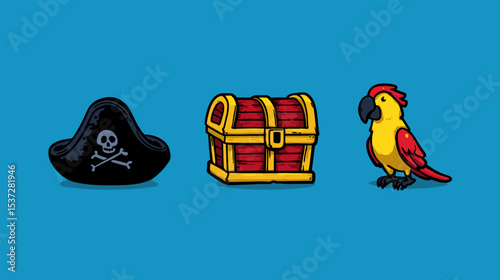 Pirate theme elements featuring hat, treasure chest, and parrot on a bright blue background