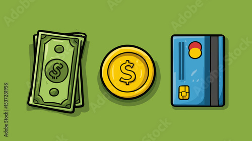 Money in various forms including cash, coin, and card against a bright green background