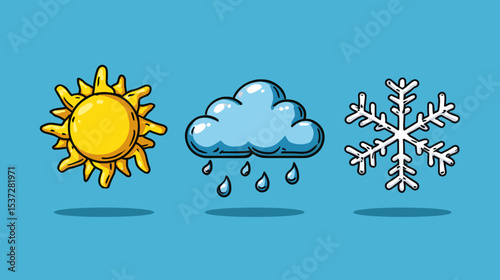 Visual representation of weather elements including sun, rain, and snow on a bright blue background