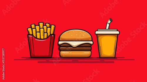 Delicious fast food meal featuring burger, fries, and soft drink on vibrant red background