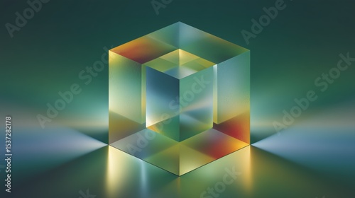 Glass Textured Cube with Light Refractions in Yellow, Green, and Blue Tones

