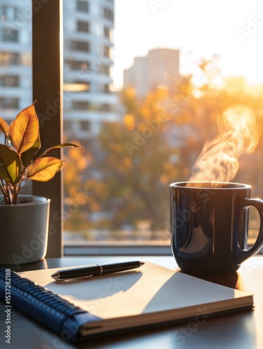 Warm sunrise coffee and notebook on desk