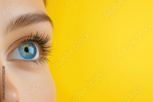Eye close up on yellow background featuring long eyelashes and bright blue iris