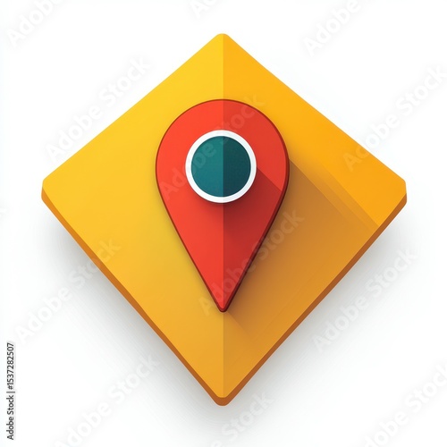 Vibrant map marker icon placed on geometric yellow background in a digital graphic design setting