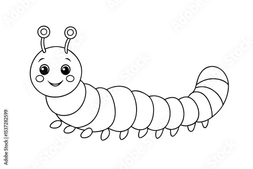 Black and white outline drawing of smiling cartoon caterpillar with small scissors and antennae with letters on white background
