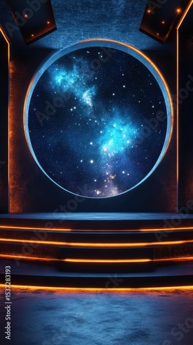 Cosmic view through a circular window illuminating an empty stage with vibrant lighting in a dark room