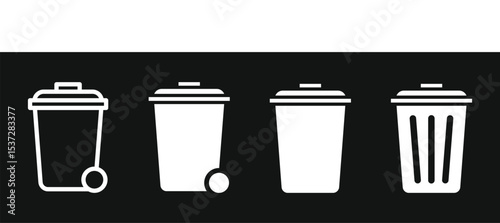 Solid style icons of waste management: trash bin, compost bin, recycling bin, bin with lid, waste bag, garbage schedule, sort waste icon