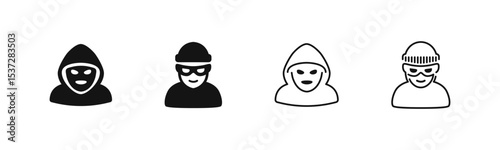 Thief and hacker icons in hood and mask, flat and outline styles.
Crime and cyber security symbols for danger themes