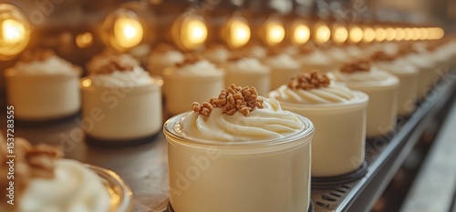 Small, creamy desserts topped with crunchy bits, lined up on a conveyor belt